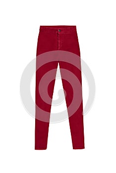 Red skinny high waist jeans pants, isolated on white background