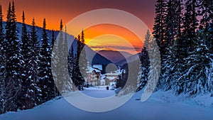 Red Sky as the Sun sets behind the village of Sun Peaks Resort