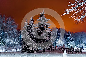 Red sky In the evening during a heavy snowfall