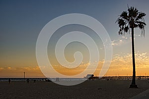 A red sky at sunset over the Pacific ocean and a lone palm tree on Newport beach in California.  The lifeguards are finishing for