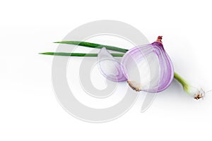 Red sliced onion isolated on white background