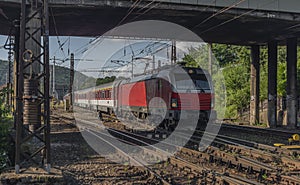 Red slovakia train in Kysak station in east Slovakia