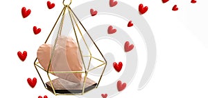 The red small hearts overflow around the pink heart enter the gold cage, and fly upwind