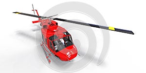 Red small military transport helicopter on white isolated background. The helicopter rescue service. Air taxi