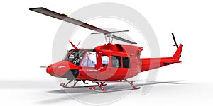 Red small military transport helicopter on white isolated background. The helicopter rescue service. Air taxi