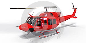 Red small military transport helicopter on white isolated background. The helicopter rescue service. Air taxi