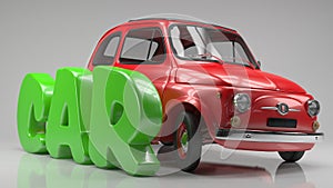 Red small retro car on white background. 3d isolate.