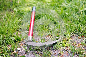 Red small scythe with green grass. Close-up sharpening scythe for using to mow the grass traditionally. Red scythe. Out