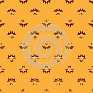 Red Smart drone system icon isolated seamless pattern on brown background. Quadrocopter with video and photo camera