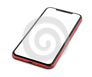 Red smartphone with blank screen, isolated on white background.