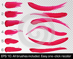 Red smears lipstick set texture brush strokes isolated on white transparent background. Make up. Vector illustration. Beauty