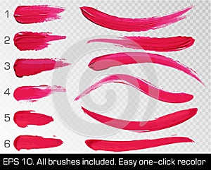 Red smears lipstick set texture brush strokes isolated on white transparent background. Make up. Vector illustration. Beauty photo