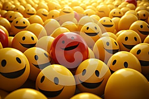 a red smiley face in a crowd of yellow smiley faces