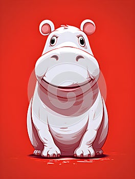 Red smiling hippo sitting on a red background - comic art - Generative AI photo