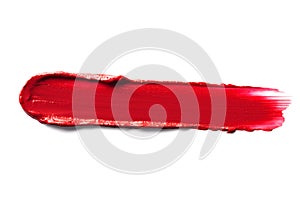 Red smudged lipstick isolated on white background.