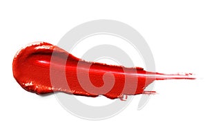 Red smudged lipstick isolated on white background.