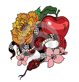 Red snake with apple fruit and Cherry flower spring season vector illustration background.