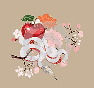 Red snake with apple fruit and Cherry flower spring season vector illustration background.