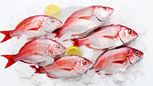 Red snapper fish catch in ice cubes. Seafood background. Generative AI