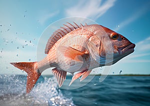 Red Snapper jumping out of the ocean water. Ai generative