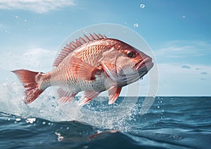 Red Snapper jumping out of the ocean water. Ai generative