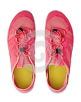 Red sneakers white background isolated close up top view, pink sport sneaker shoes, pair of running gumshoes, fitness boots