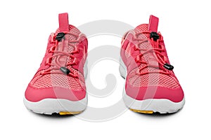 Red sneakers white background isolated closeup front view, pink sport sneaker shoes, pair of running gumshoes, fitness boots