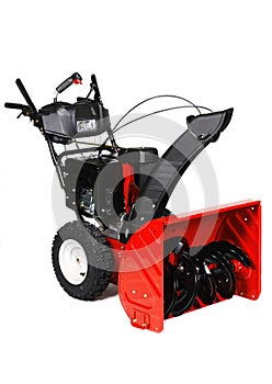 A red snow blower, snow thrower, snow removal equipment isolated on a white background