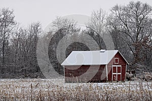 Red snow-covered barn in the countryside surrounded by naked trees in winter