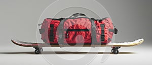 Red Snowboard Bag on Board with Wheels - Studio Shot. Concept Product Photography, Snowboarding