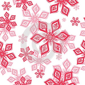 Red Snowflake seamless pattern on white background