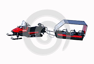 Red Snowmobile ski-doo with truck trailer isolated on white background. Skidoos parking in snow-white yard.