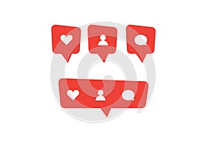 Red social media bubble shape with like heart, follower person