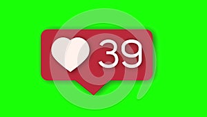 Red social media like counter with heart on green screen