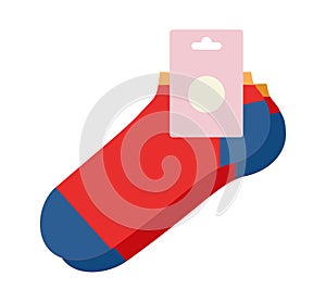 Red socks with logo tag hosiery, low cut length. Fashion accessory clothing technical illustration stocking. Vector