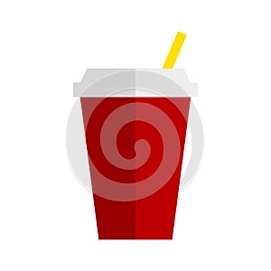 Red soda drink with straw. Red soda drink cup in flat style. Cartoon red soda drink cup for paper design. Fast food icon. Vctor