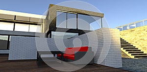 A red sofa and a black table on a wooden deck in the yard of a modern house. White brick fence. 3d render