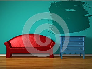 Red sofa with blue bedside table and splash frame
