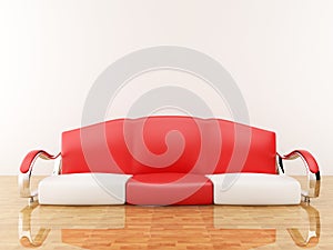 Red sofa in an empty room. 3D interior