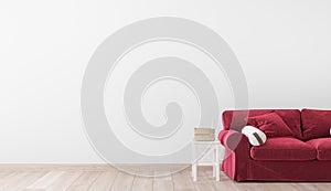 Red sofa in farmhouse interior, empty white wall mock up