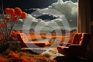 red sofa in front of dark dramatic landscape, summer season, lake and sky, horizon over plain