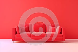 Red sofa isolated on red background. White floor. Generated AI