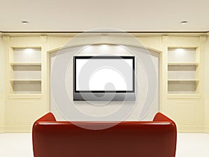 Red sofa with LCD tv on the wall