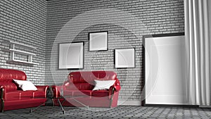 Red sofa in a living room with white brick wall background. 3d rendering