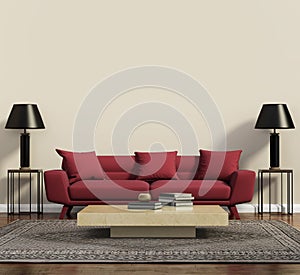 Red sofa in a modern contemporary living room