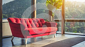 Red sofa with morning light. Minimalist style in luxury living room