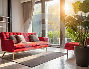 Red sofa with morning light. Minimalist style in luxury living room