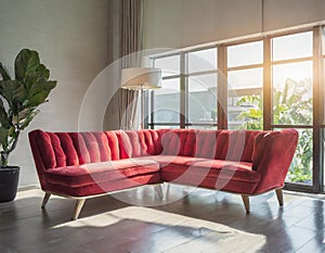 Red sofa with morning light. Minimalist style in luxury living room