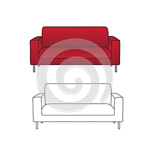 Red Sofa and Outline isolated on White Background. Vector Illustration