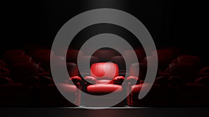 Red sofa Seat in front of black wall with spotight, 3d render